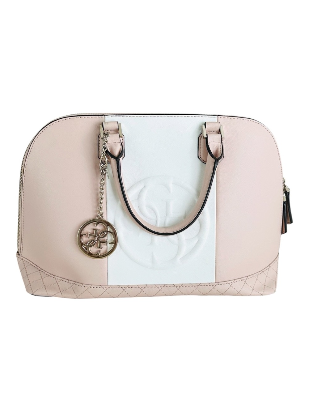 Guess Blush Pink and White Dome Satchel Handbag Crossbody Purse Logo Charm